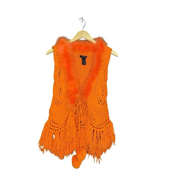 Bright Orange Crochet Vest Womens Small Halloween Funky Fringe Holidays - Picture 1 of 6